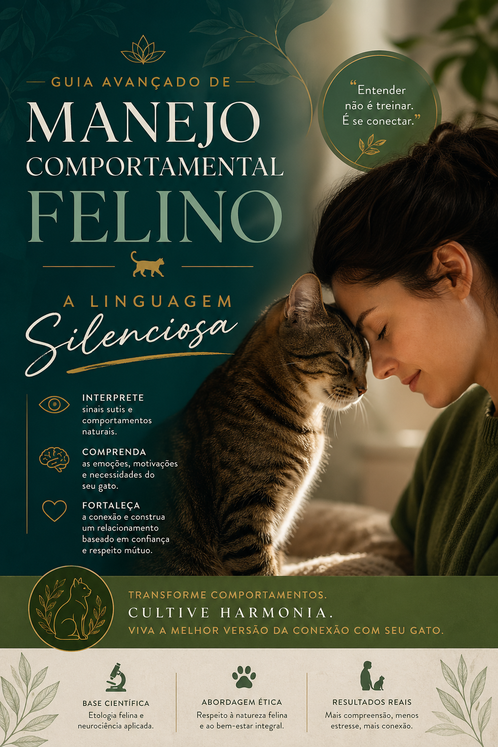 Capa do guia A Linguagem Silenciosa – fundo verde escuro com título em dourado e ilustração de gato